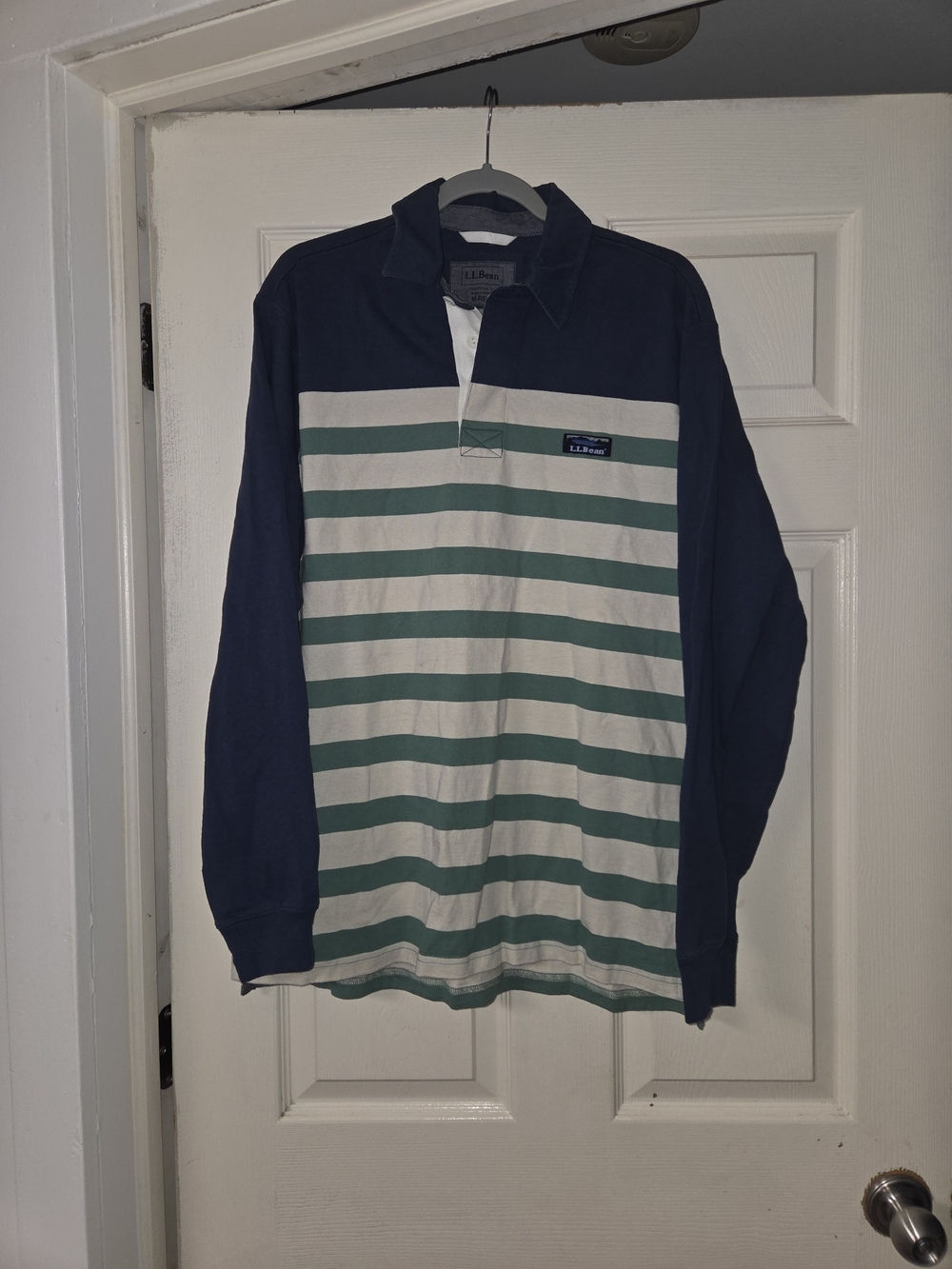 L.L. Bean Men's Navy & Green Striped Rugby Shirt Mens Med Reg